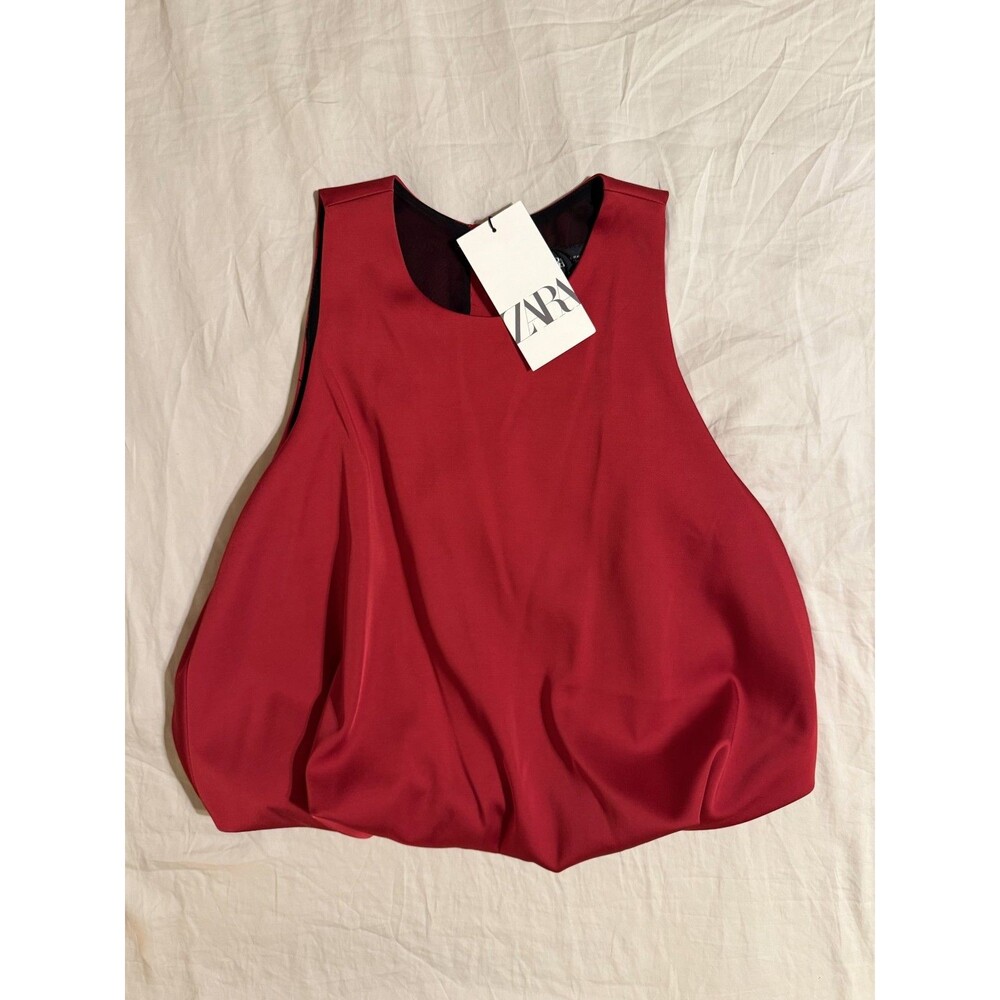 NWT Zara red sleeveless blouse women's M dressy holiday date gathered hem